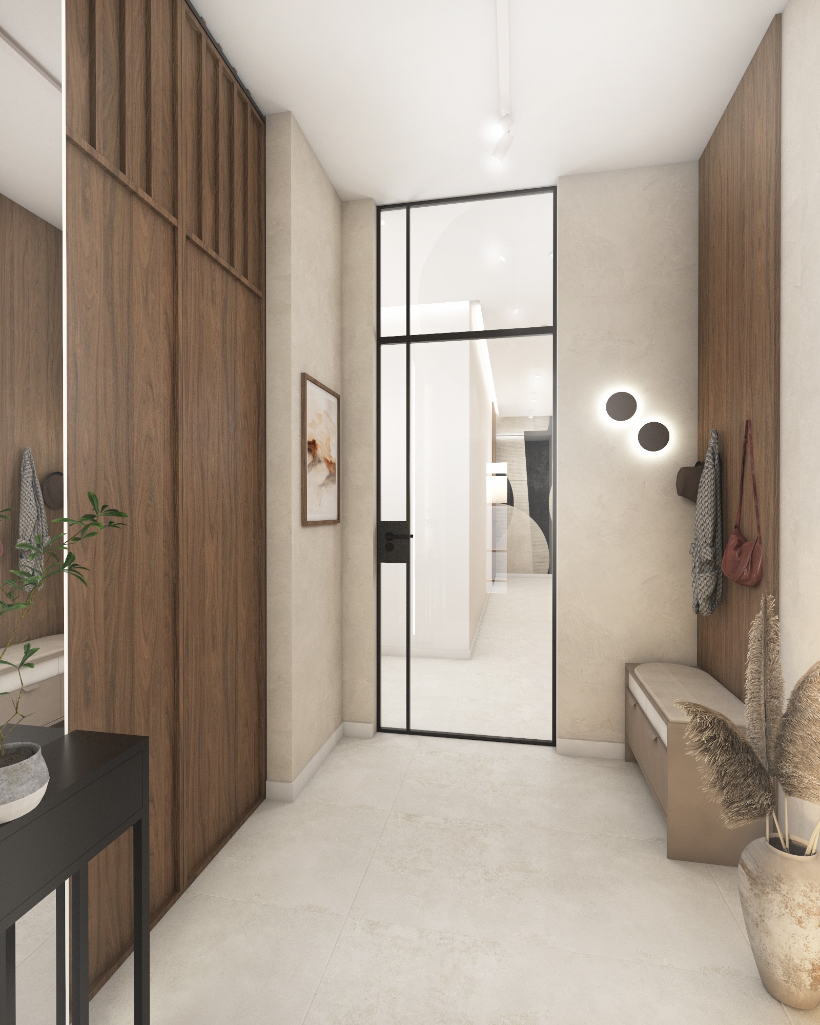 Neutralny hol z drewnianą zabudową, ławką i dekoracjami. Czarne, okrągłe lampy na ścianie. Widok na dalszą część mieszkania przez szklane drzwi.