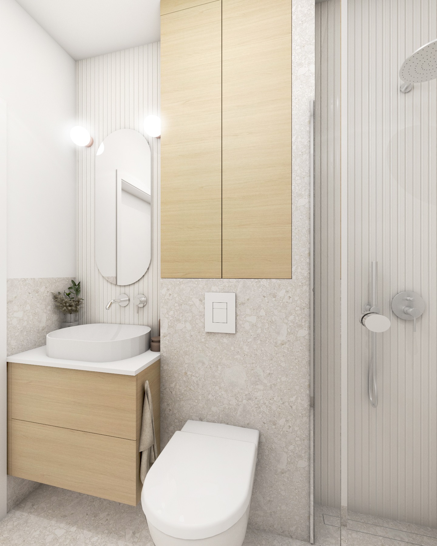 Nowoczesna łazienka z drewnianymi szafkami, umywalką nablatową i owalnym lustrem podświetlanym kulistymi lampami. Kabina prysznicowa ze srebrną armaturą.