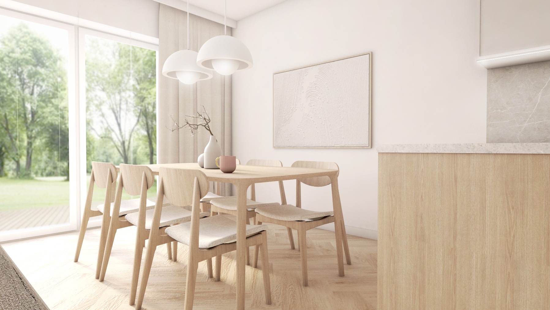 Jasna jadalnia w Gdyni z drewnianym stołem, krzesłami i minimalistyczną dekoracją. Duże okno z widokiem na zieleń. Nowoczesny design i subtelne oświetlenie.