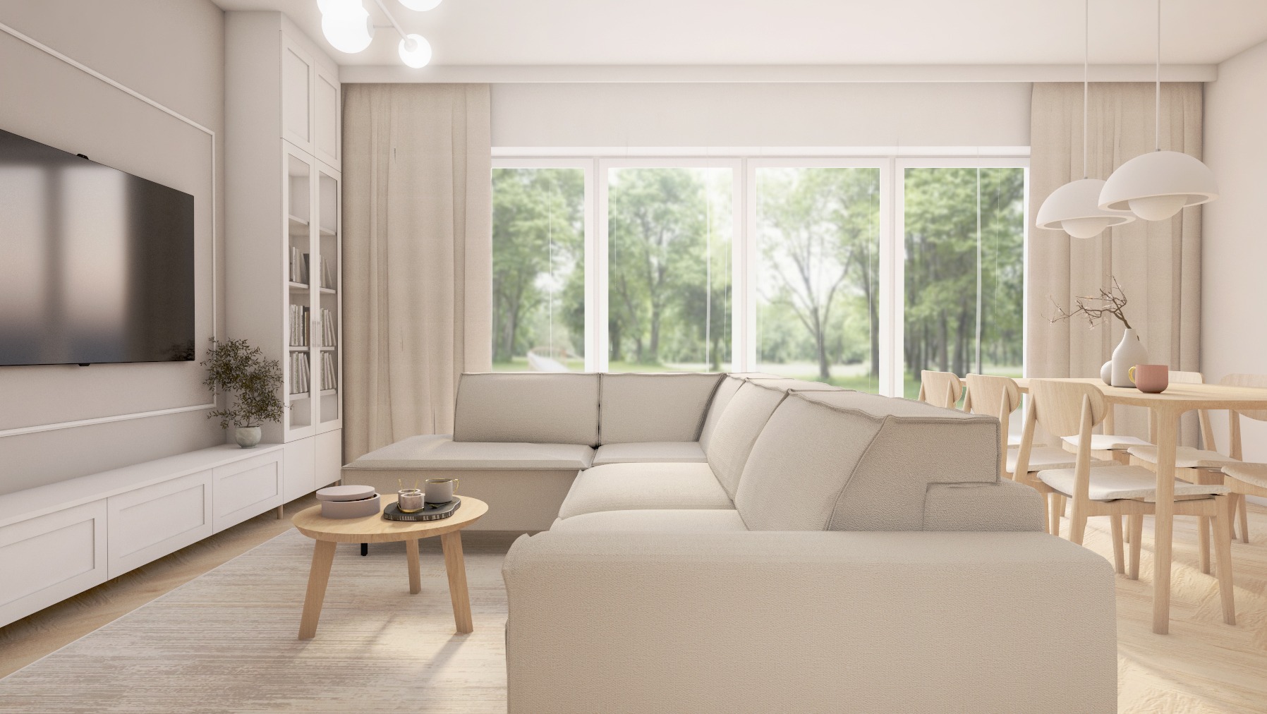 Jasny salon z narożną sofą, drewnianym stołem i krzesłami. Duże okno z widokiem na zieleń. Minimalistyczny design z akcentami w beżach i bieli. Oświetlenie sufitowe.