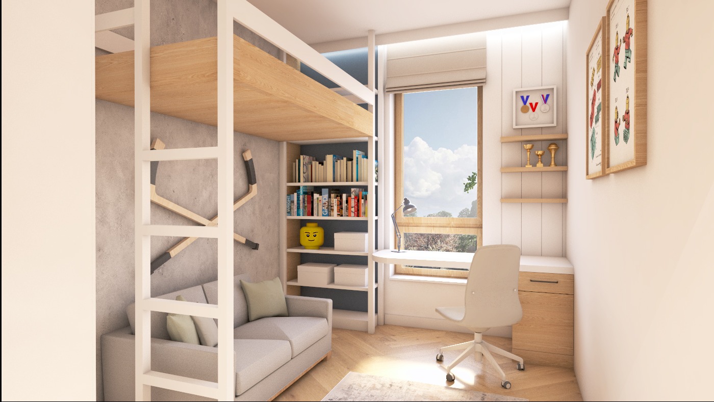 Kompaktowy pokój młodzieżowy: łóżko na antresoli z drabinką, sofa, biurko przy oknie, regał z książkami i dekoracje ścienne w jasnej, nowoczesnej aranżacji.