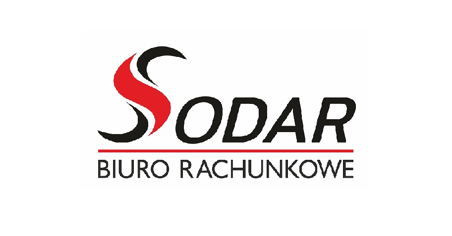 Logo Biura Rachunkowego SODAR z czarno-czerwonym symbolem graficznym i napisem 'BIURO RACHUNKOWE' pod nazwą, na białym tle. Precyzyjna typografia.