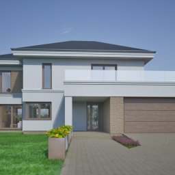 BS-Architektura.pl - Wizualizacja nowoczesnego, dwukondygnacyjnego domu z płaskim dachem, balkonem z przezroczystą balustradą i garażem. Elewacja w odcieniach szarości z elementami kamiennymi.