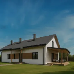 Nowoczesny dom z białymi ścianami, grafitowym dachem i drewnianymi akcentami. Widoczny trawnik i fragment ścieżki. Dom z zadaszonym tarasem i trzema kominami.