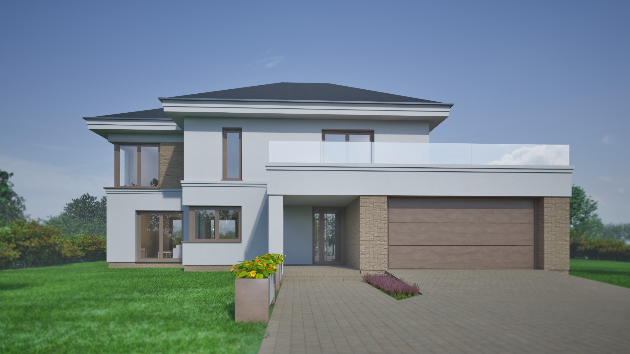 Wizualizacja nowoczesnego, dwukondygnacyjnego domu z płaskim dachem, balkonem z przezroczystą balustradą i garażem. Elewacja w odcieniach szarości z elementami kamiennymi.