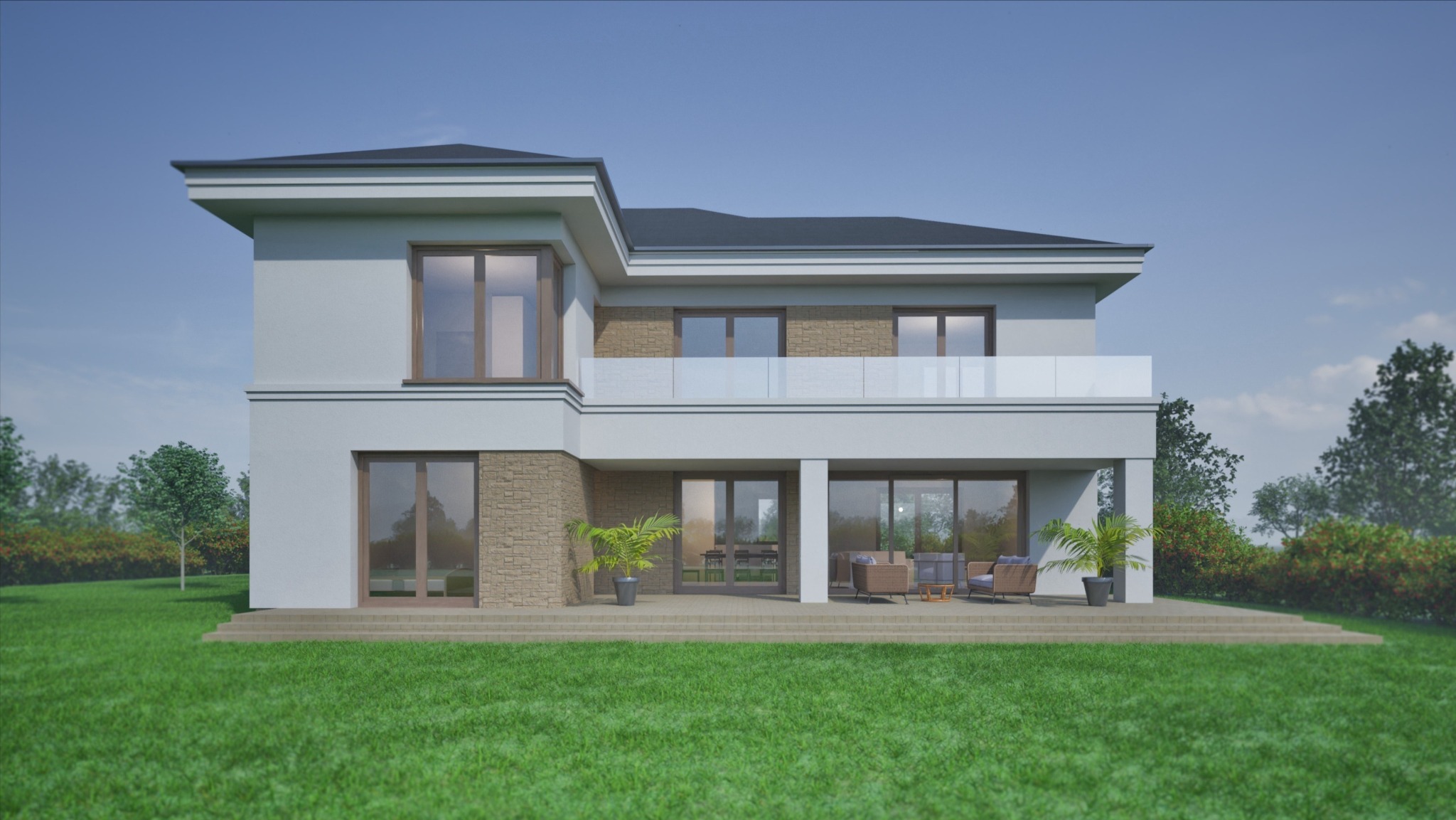 Wizualizacja nowoczesnego domu dwukondygnacyjnego z płaskim dachem, balkonem z przeszkloną balustradą i elementami z kamienia elewacyjnego. Widok z poziomu trawnika.