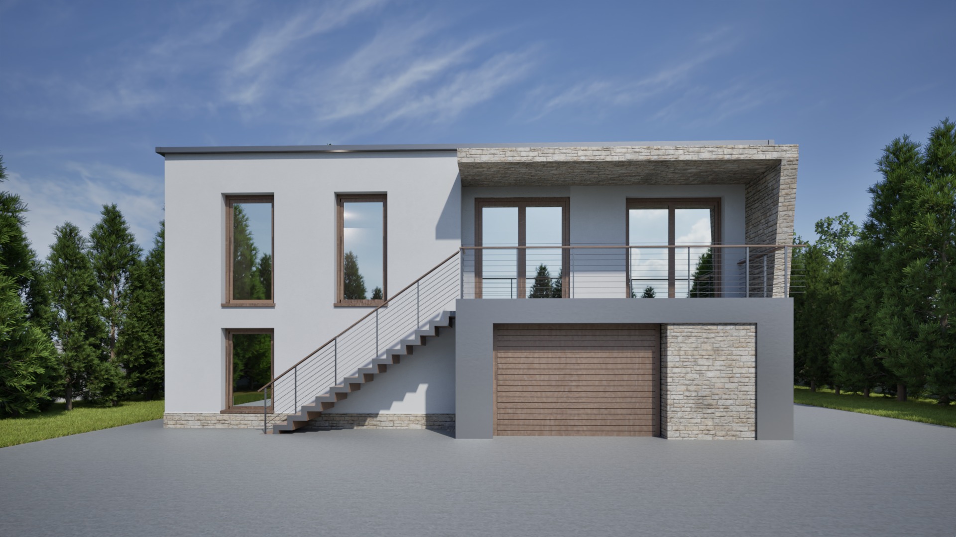 Dwukondygnacyjny dom z garażem, schodami zewnętrznymi i elementami kamiennymi, otoczony zielenią. Jasna elewacja, nowoczesny design, błękitne niebo.