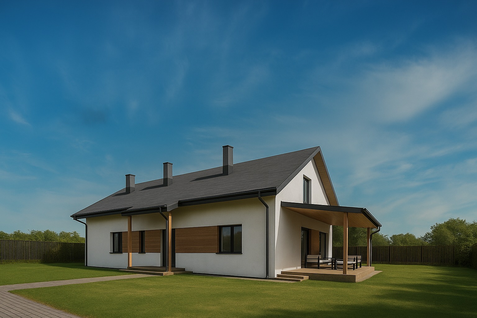 Nowoczesny dom z białymi ścianami, grafitowym dachem i drewnianymi akcentami. Widoczny trawnik i fragment ścieżki. Dom z zadaszonym tarasem i trzema kominami.