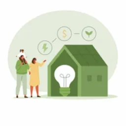 Ilustracja: rodzina przed zielonym domem z żarówką, symbolizująca energię i oszczędności. Grafika promująca efektywność energetyczną.
