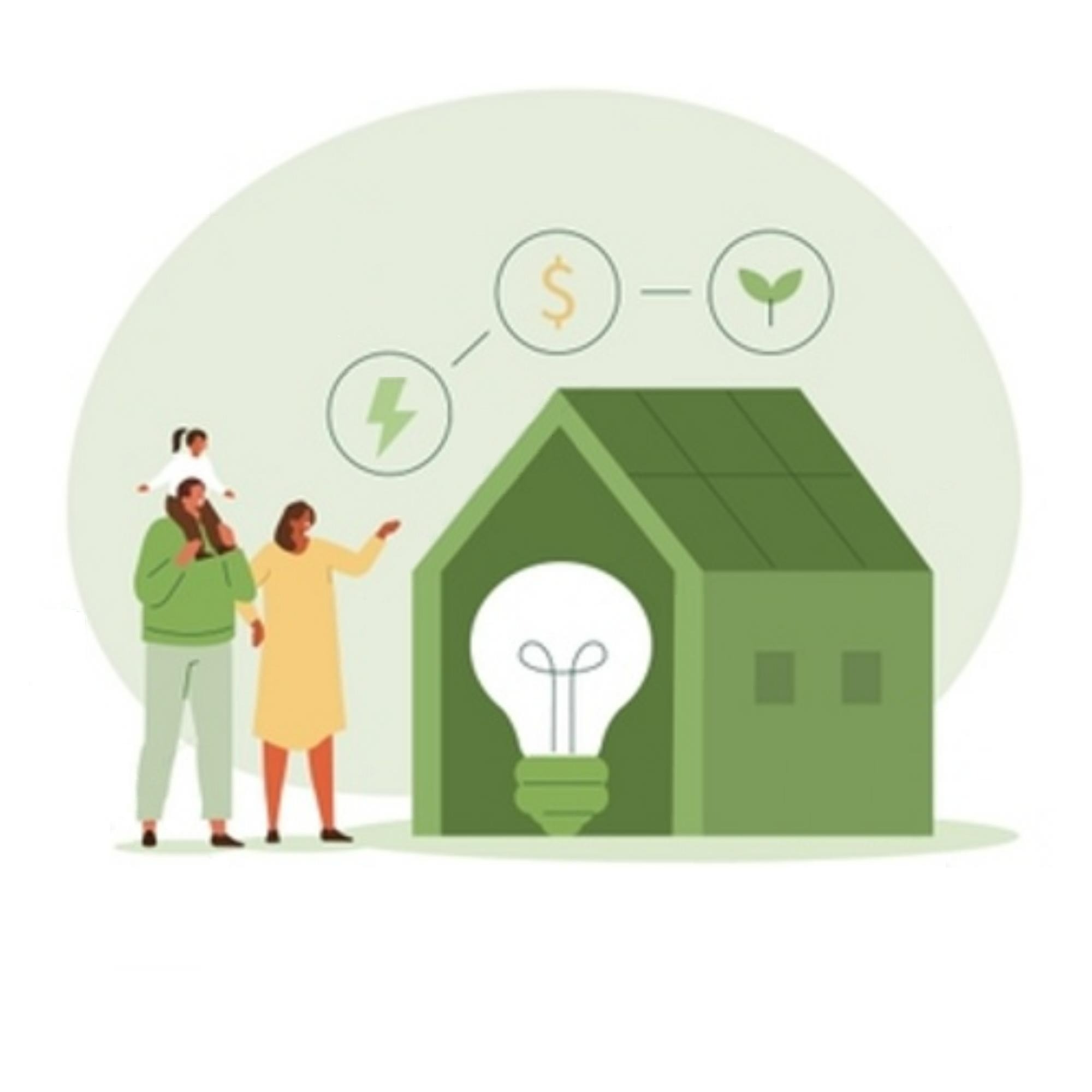 Ilustracja: rodzina przed zielonym domem z żarówką, symbolizująca energię i oszczędności. Grafika promująca efektywność energetyczną.
