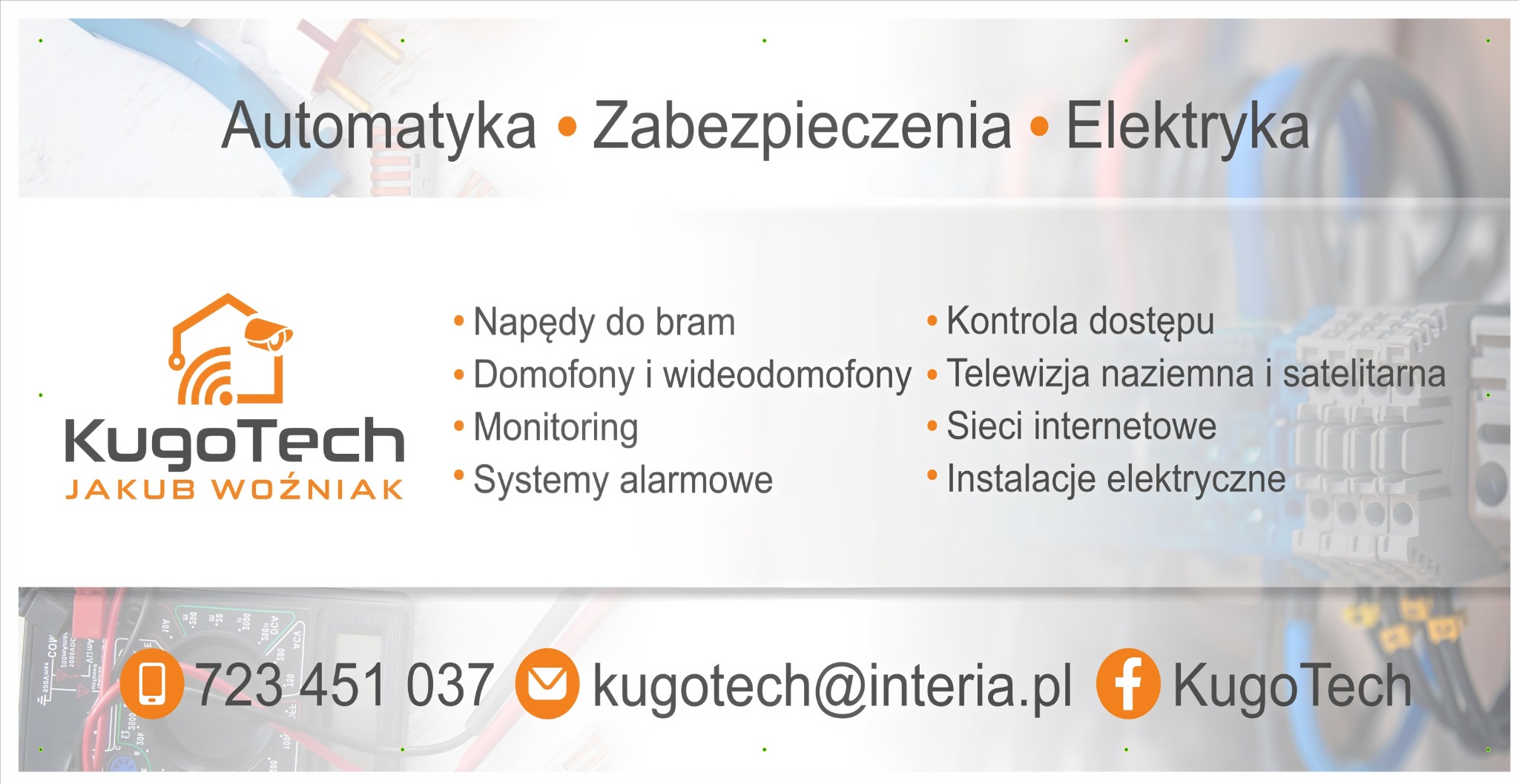 Grafika reklamowa: Automatyka, Zabezpieczenia, Elektryka. Logo KugoTech, zakres usług: napędy do bram, domofony, monitoring, instalacje elektryczne.