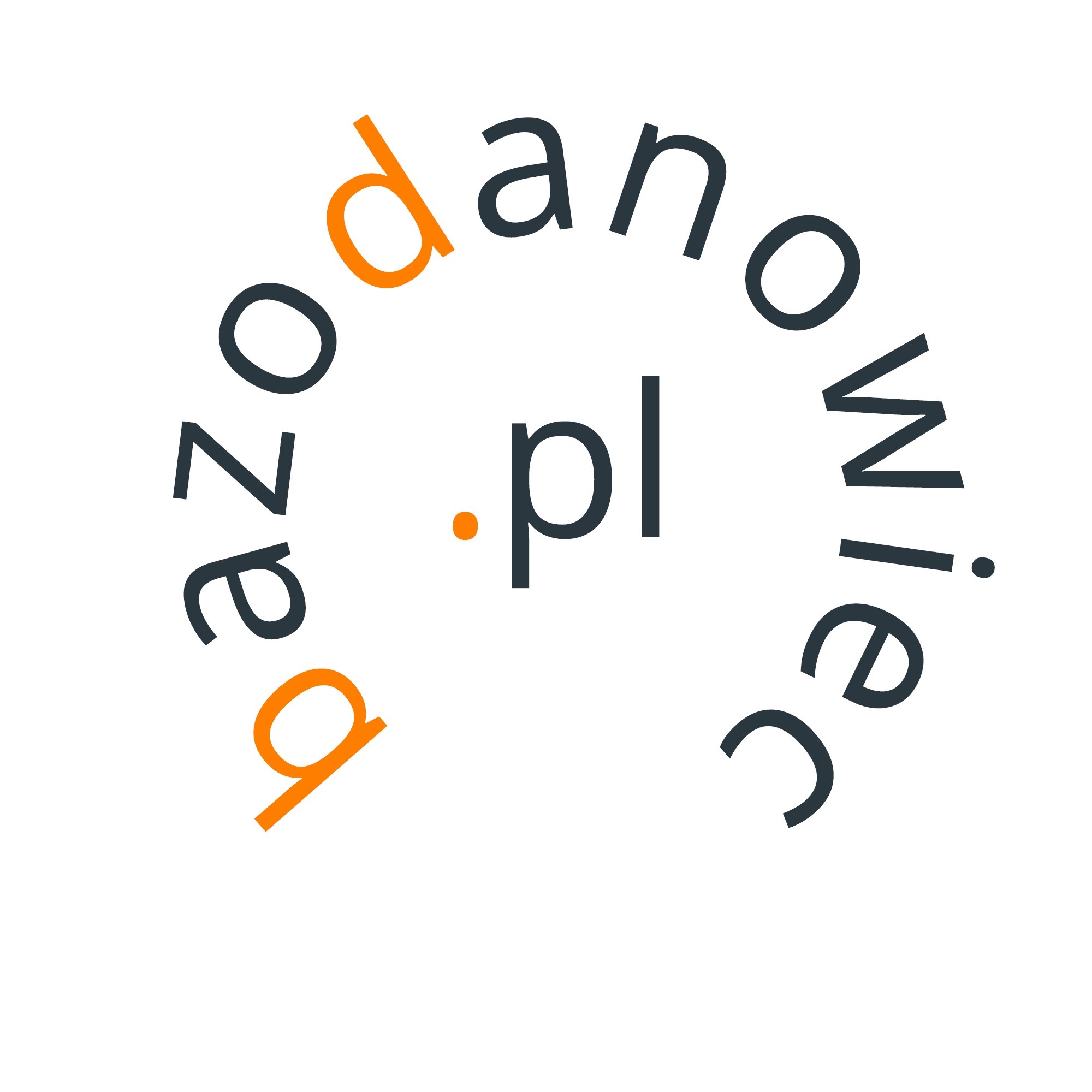 Grafika z nazwą domeny 'pazdanowiec.pl', gdzie 'pazda' jest pomarańczowe, a reszta tekstu ciemnoszara. Tekst ułożony w łuk.