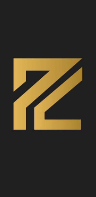 Abstrakcyjne, złote logo na czarnym tle. Geometryczny kształt przypomina literę 'R' lub 'Z', z ukośnymi liniami tworzącymi unikalny, nowoczesny symbol.