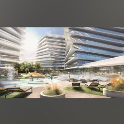 AKO GROUP - Wizualizacja nowoczesnego kompleksu budynków z basenem i leżakami. Budynki o białej elewacji z licznymi balkonami i przeszkleniami. Dzieci bawią się w wodzie.