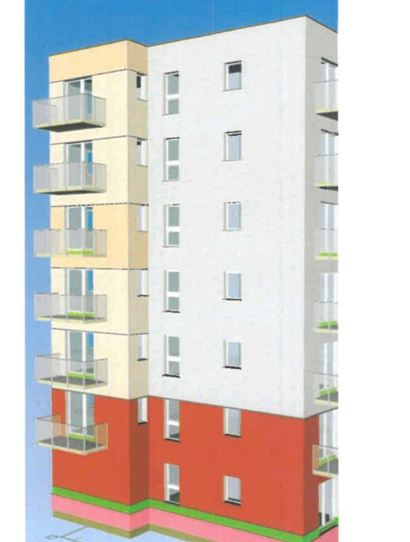 Wizualizacja bloku mieszkalnego z balkonami, z wyraźnie zaznaczonym podziałem kolorystycznym elewacji: kremowa, biała i czerwona, z zielonym i różowym pasem u podstawy.