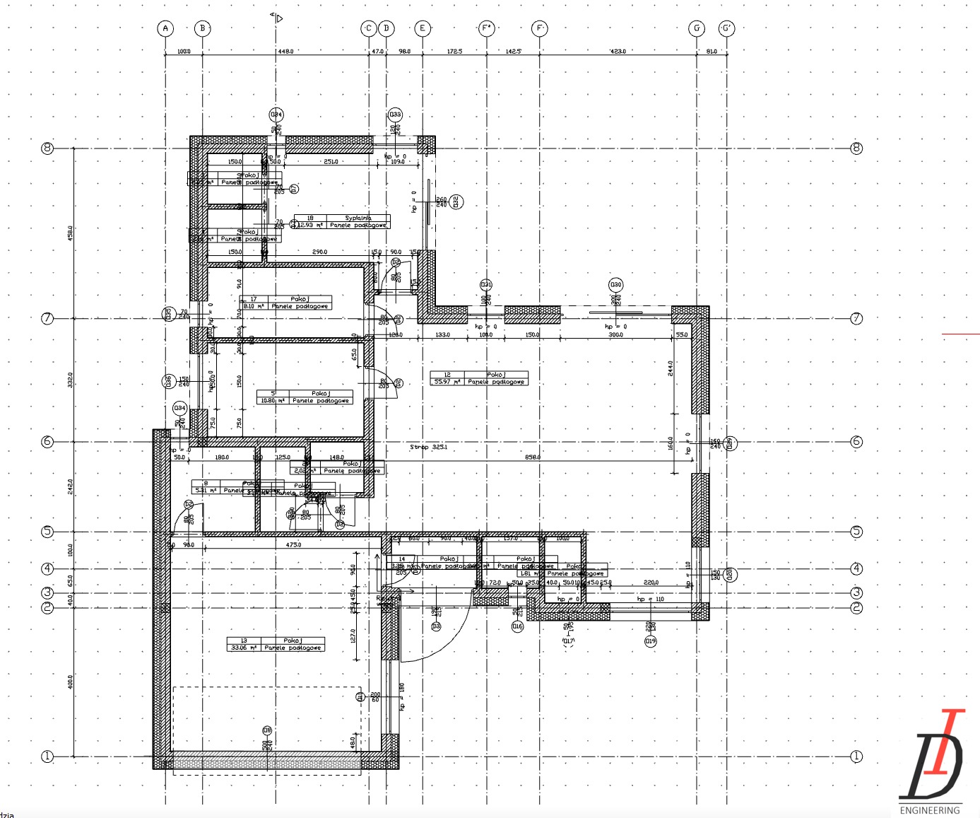 Rzut architektoniczny mieszkania z wymiarami, widok z góry, na białym tle z siatką. Szczegółowy plan z opisem pomieszczeń i powierzchni.