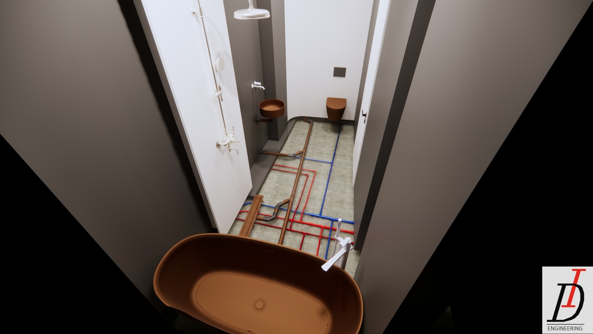 Wizualizacja 3D łazienki z widocznym układem instalacji wodnej (czerwone i niebieskie rury) oraz kanalizacyjnej przed wykończeniem. Brązowa wanna i umywalka.