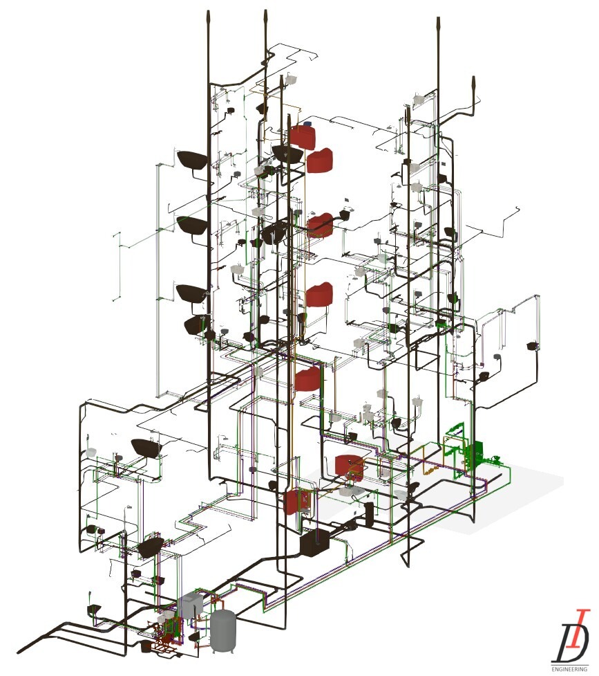 Szczegółowy schemat 3D instalacji sanitarnych z czerwonymi zbiornikami, prezentujący złożoność projektu i precyzję wykonania. Widok izometryczny na białym tle.