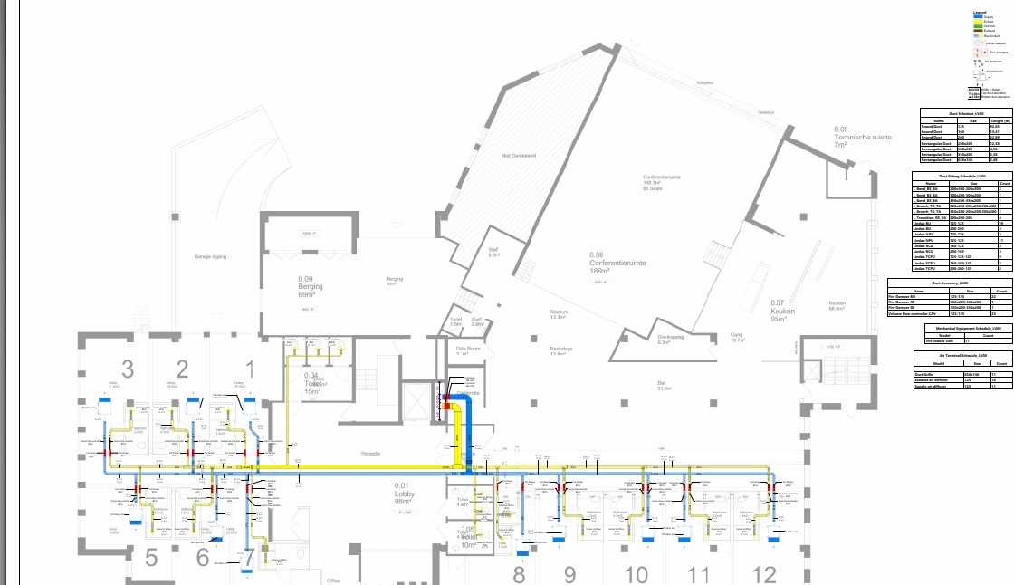 Szczegółowy plan instalacji sanitarnych budynku z oznaczeniami pomieszczeń, rzut z góry. Kolorowe linie wskazują przebieg rur. Widoczne tabele z danymi technicznymi.