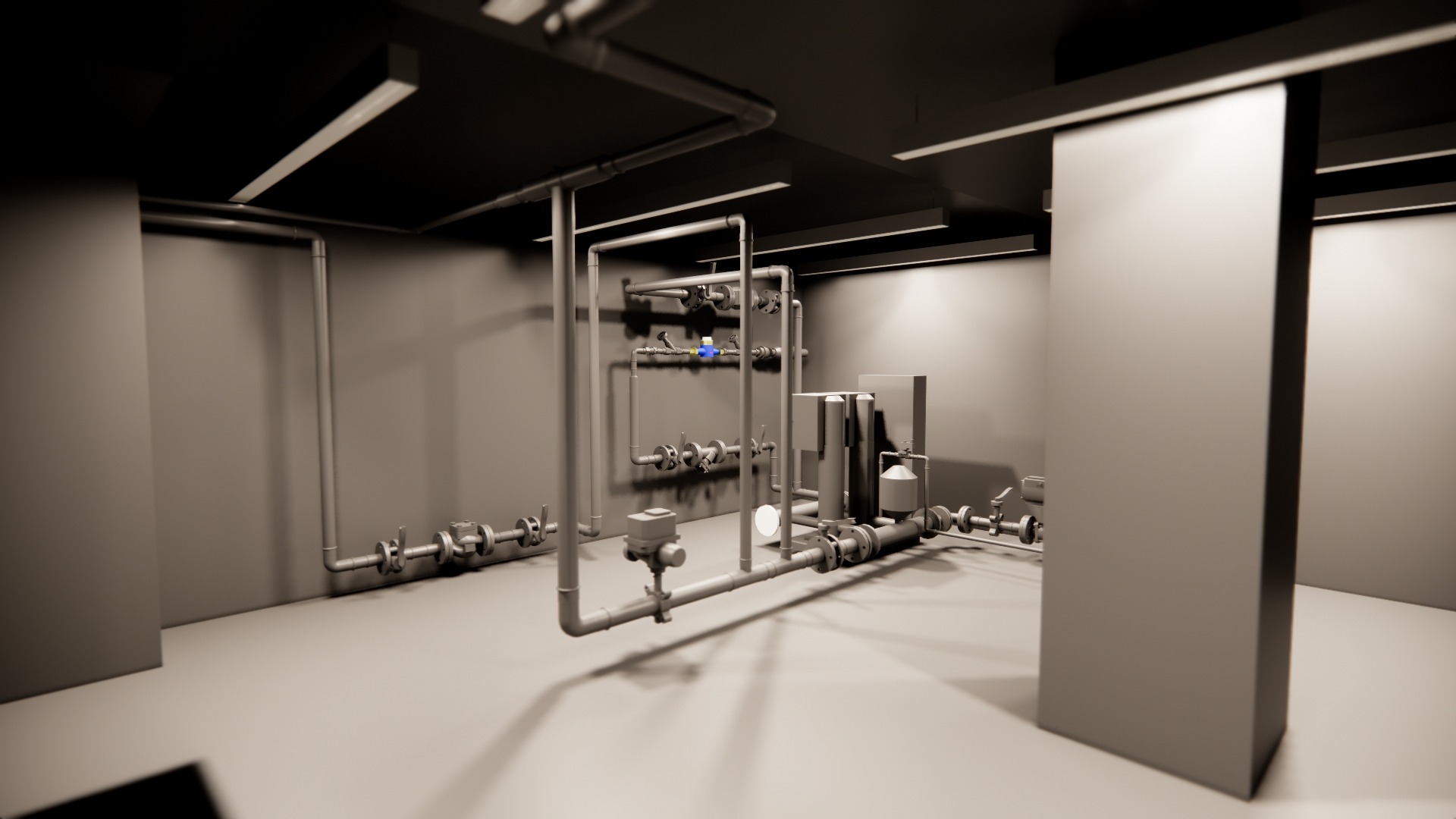 Szare rury instalacji w pomieszczeniu z oświetleniem sufitowym. Widoczne zawory, elementy łączeniowe i urządzenia. Minimalistyczny design instalacji.