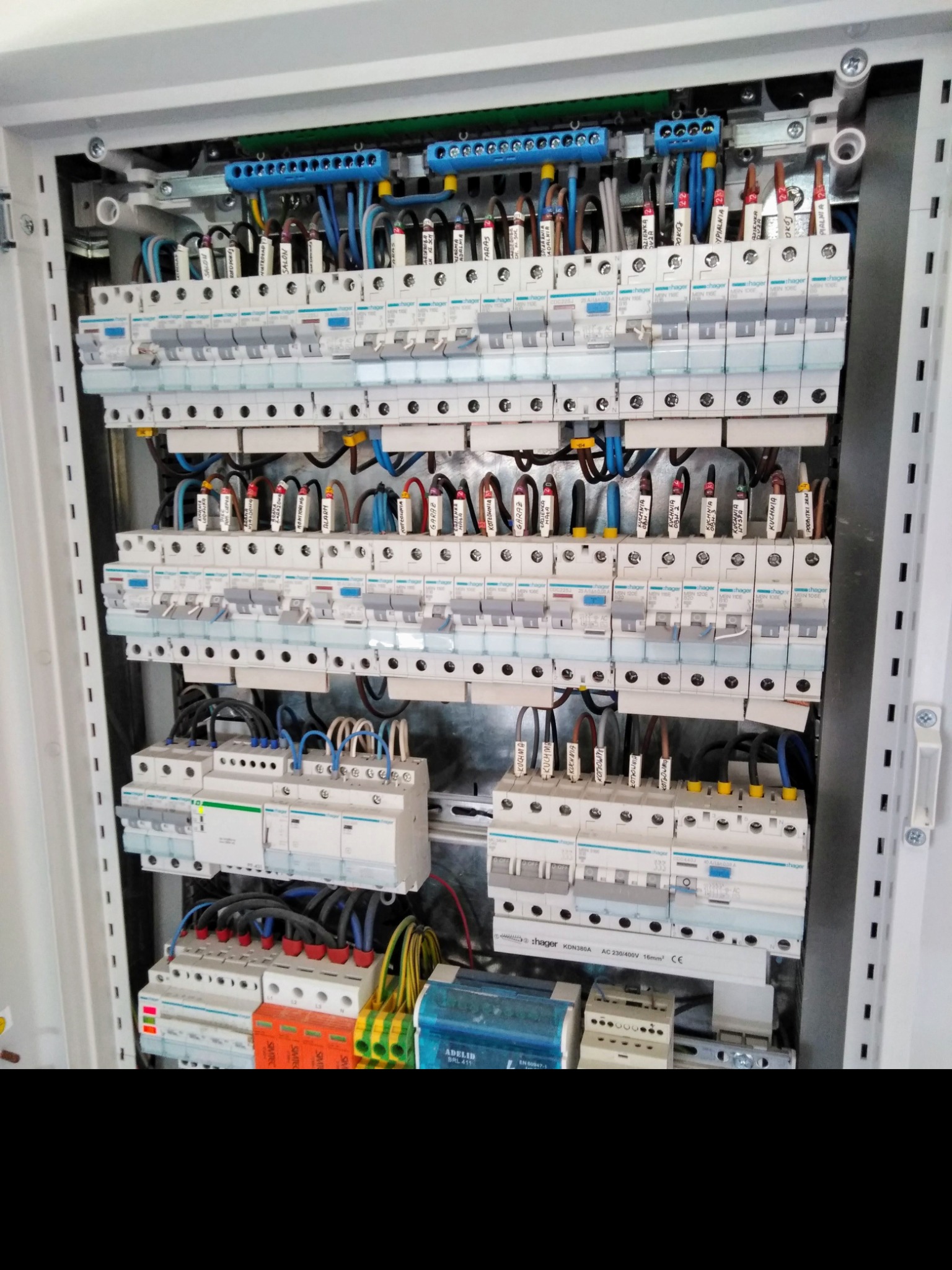 Rozdzielnica elektryczna Hager z bezpiecznikami oznaczonymi etykietami, widoczne przewody i listwy zaciskowe wewnątrz metalowej obudowy.