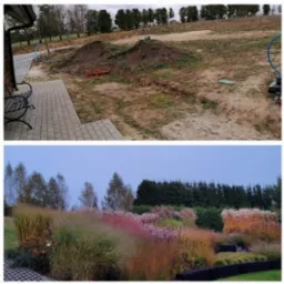 Zdjęcie 'przed i po' ukazujące transformację terenu: od nieużytku z hałdami ziemi do kwitnącego ogrodu z ozdobnymi trawami i rabatami kwiatowymi. Widoczne elementy architektury.