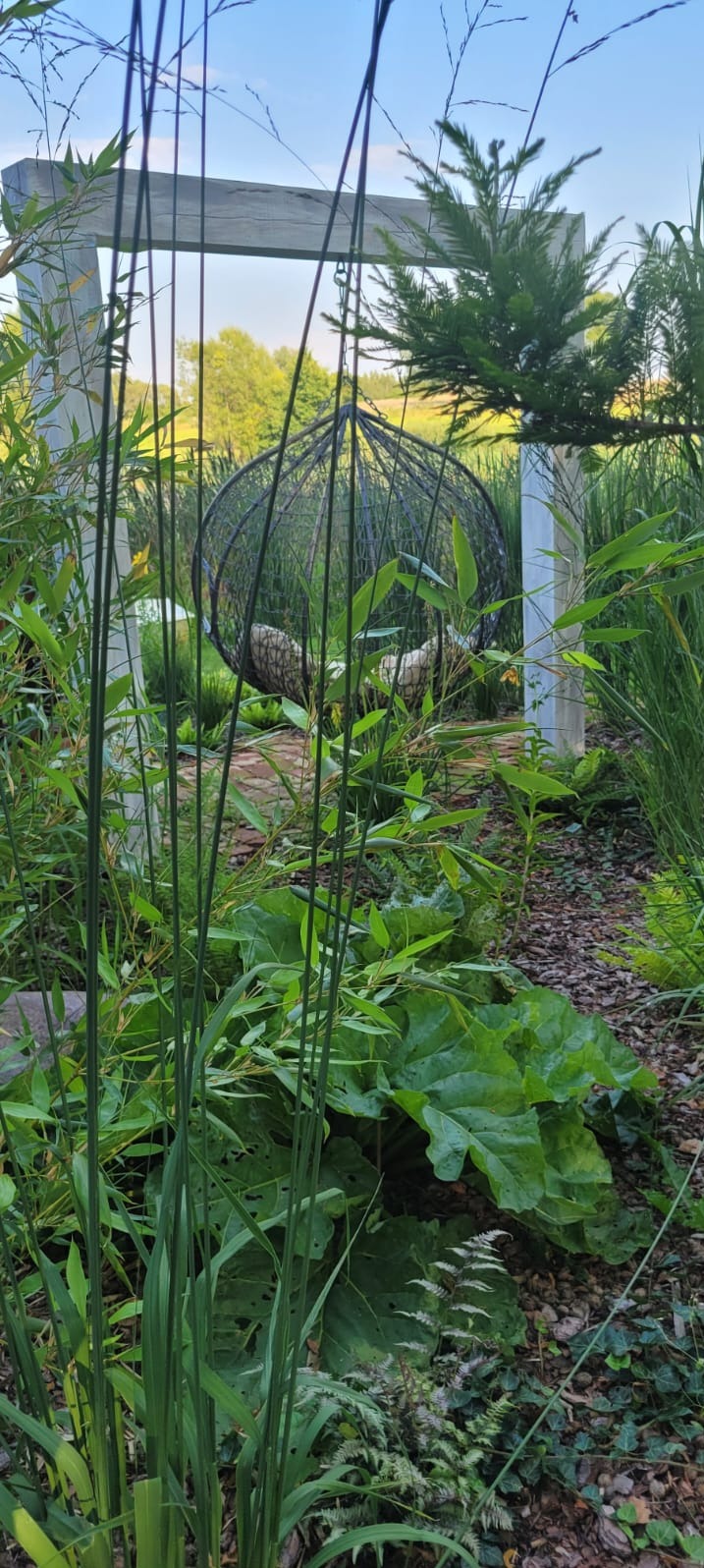 Ogród z wiszącym fotelem w kształcie kuli, drewnianą konstrukcją i bujną roślinnością. Widok przez wysokie trawy, w tle drzewa i błękitne niebo.