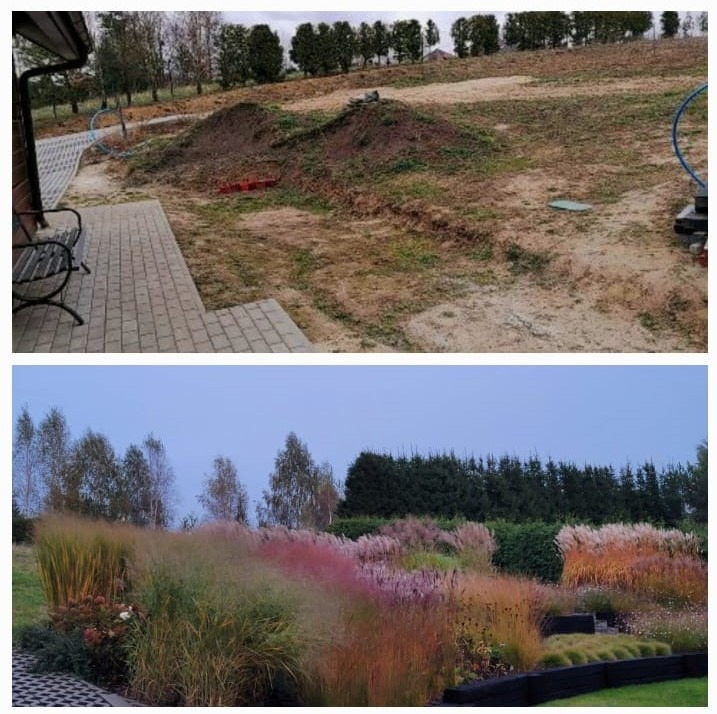 Zdjęcie 'przed i po' ukazujące transformację terenu: od nieużytku z hałdami ziemi do kwitnącego ogrodu z ozdobnymi trawami i rabatami kwiatowymi. Widoczne elementy architektury.
