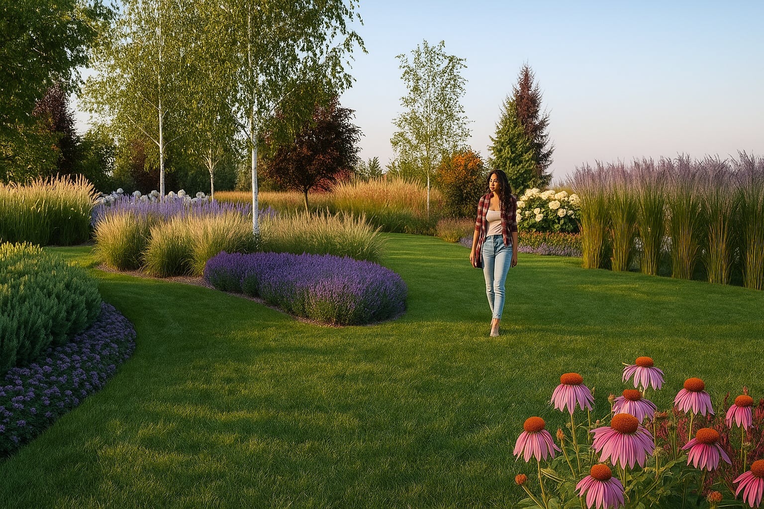 Kobieta spaceruje po zadbanym ogrodzie z kwitnącymi rabatami lawendy, traw ozdobnych i echinacei. Widoczne drzewa o białych pniach i krzewy hortensji.