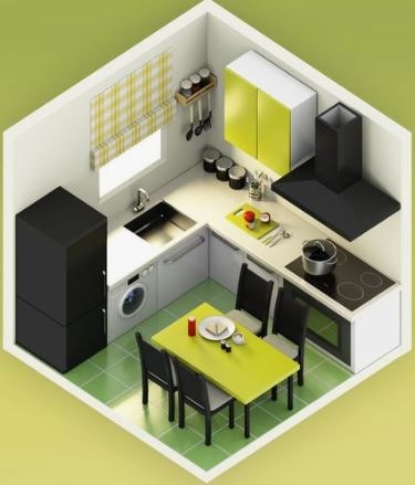 Stylizowana wizualizacja 3D kuchni z zielonymi akcentami: szafki, stół i płytki podłogowe. Widoczny zlew, płyta grzewcza, okap, pralka i lodówka.