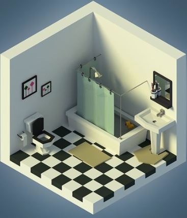 Stylizowana, trójwymiarowa wizualizacja łazienki z wanną, umywalką i toaletą. Czarno-biała podłoga w szachownicę, minimalistyczny design, ciepłe oświetlenie.