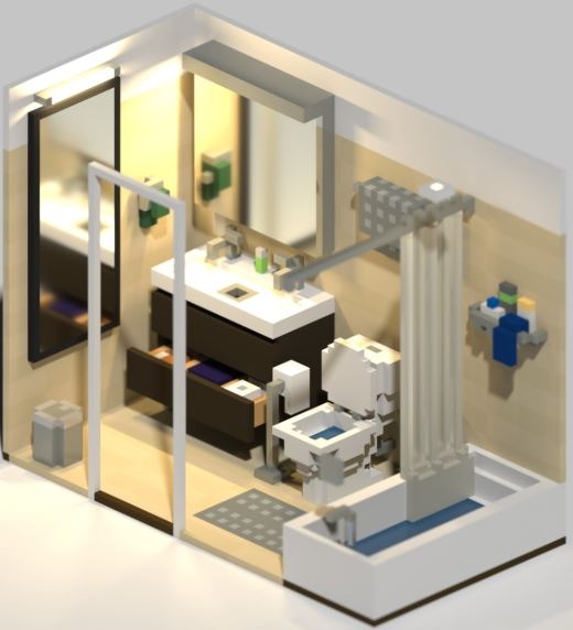 Wizualizacja 3D łazienki z wanną, umywalką z szafką i toaletą. Otwarta szuflada szafki ukazuje fioletowe tekstylia. Całość w stylistyce blokowej, pixelart.