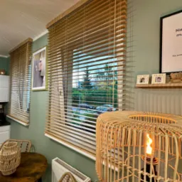 Beżowe drewniane żaluzje wewnętrzne zamontowane w oknach pokoju z zielonymi ścianami. Widok na zewnątrz przez otwarte lamele. Dekoracje i lampa w stylu boho.
