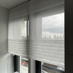 Eurofirany - Delikatna, biała roleta rzymska z poziomymi fałdami, zamontowana w oknie. Za oknem widoczne drzewa i pochmurne niebo.