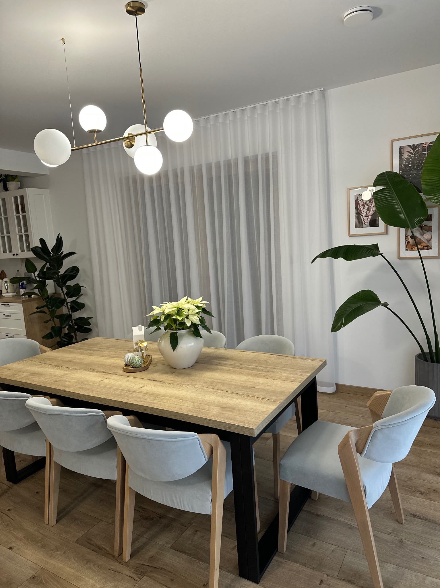 Jasna jadalnia z drewnianym stołem, szarymi krzesłami i zwiewnymi, białymi zasłonami w tle. Nowoczesna lampa sufitowa i rośliny doniczkowe dopełniają aranżację.