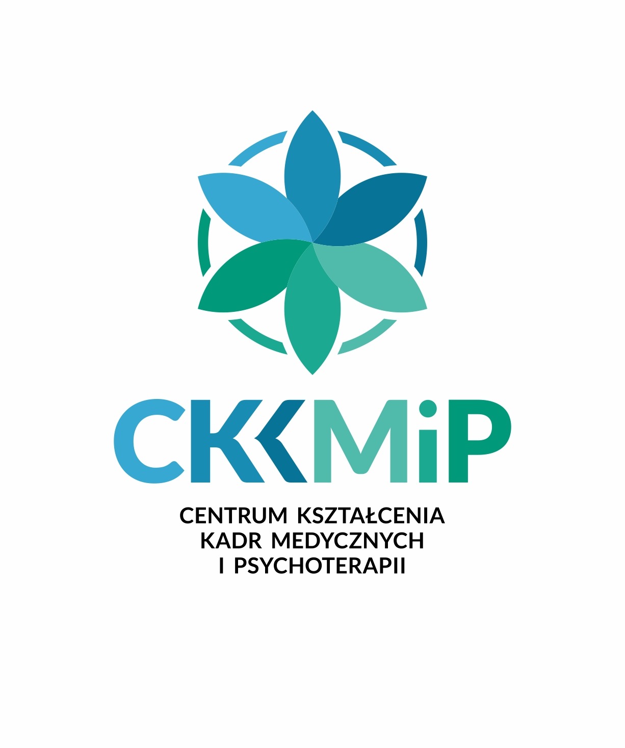 Logo Centrum Kształcenia Kadr Medycznych i Terapii z abstrakcyjnym motywem kwiatowym w odcieniach niebieskiego i zielonego. Profesjonalny i nowoczesny design.