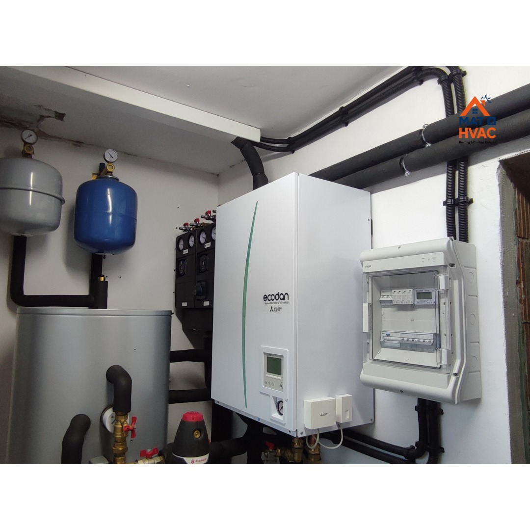 Wnętrze kotłowni z zainstalowaną pompą ciepła Ecodan, zbiornikiem buforowym i rozdzielnicą elektryczną. Rury instalacyjne prowadzone wzdłuż ścian.