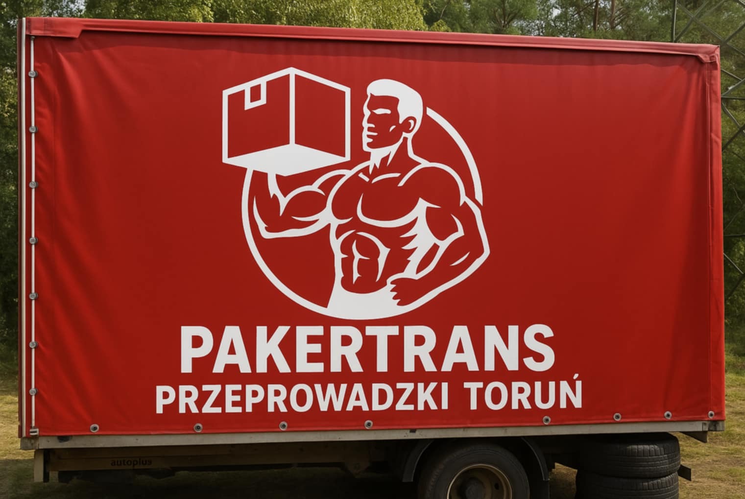 Czerwona plandeka transportowa z logotypem firmy Pakertrans Przeprowadzki Toruń, przedstawiającym muskularnego mężczyznę dźwigającego paczkę. Widoczne mocowania plandeki.