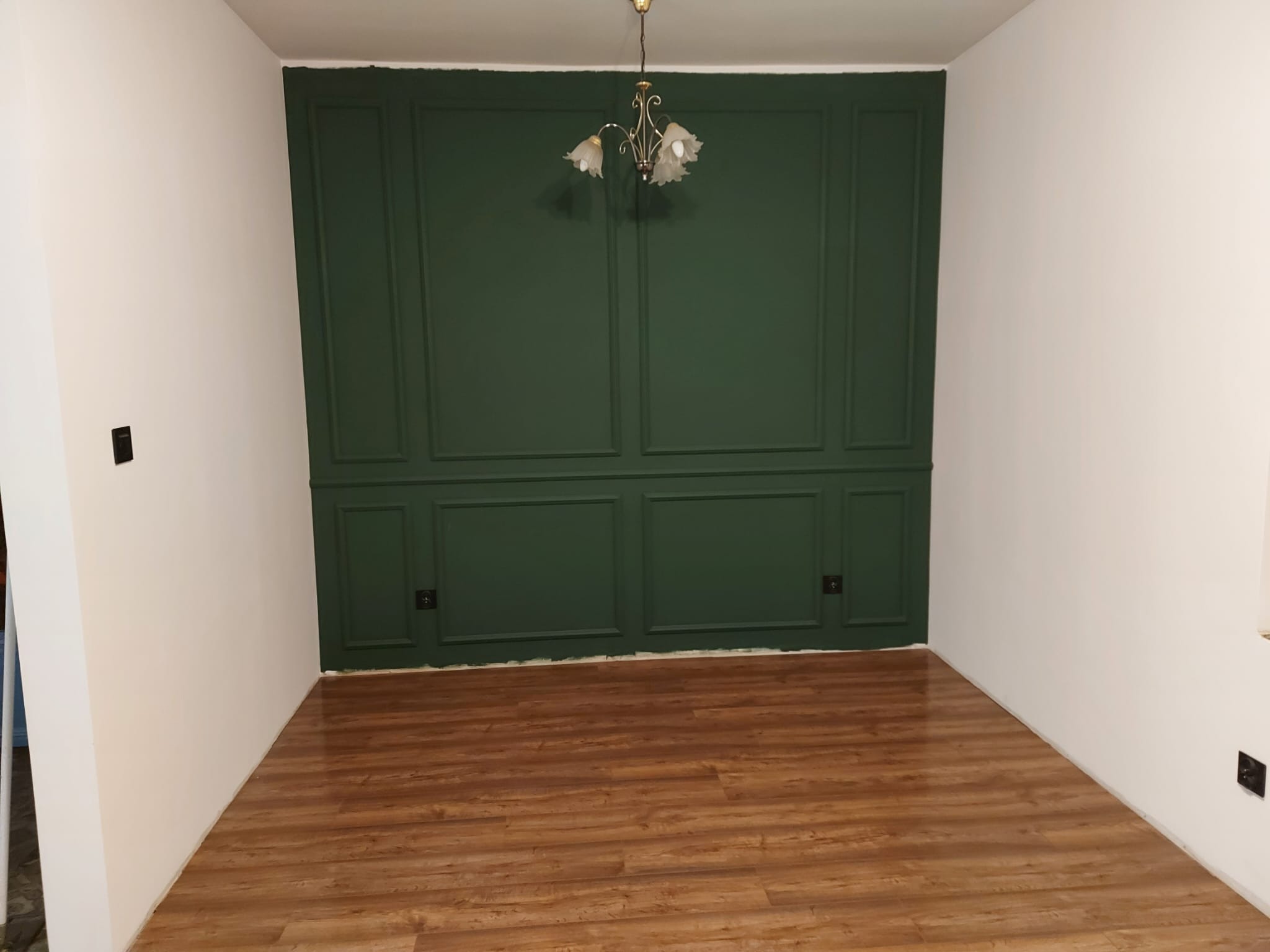 Pokój po remoncie: ciemnozielona ściana z dekoracyjnymi panelami, drewniana podłoga, białe ściany boczne i sufit z lampą. Klasyczny styl wykończenia wnętrza.