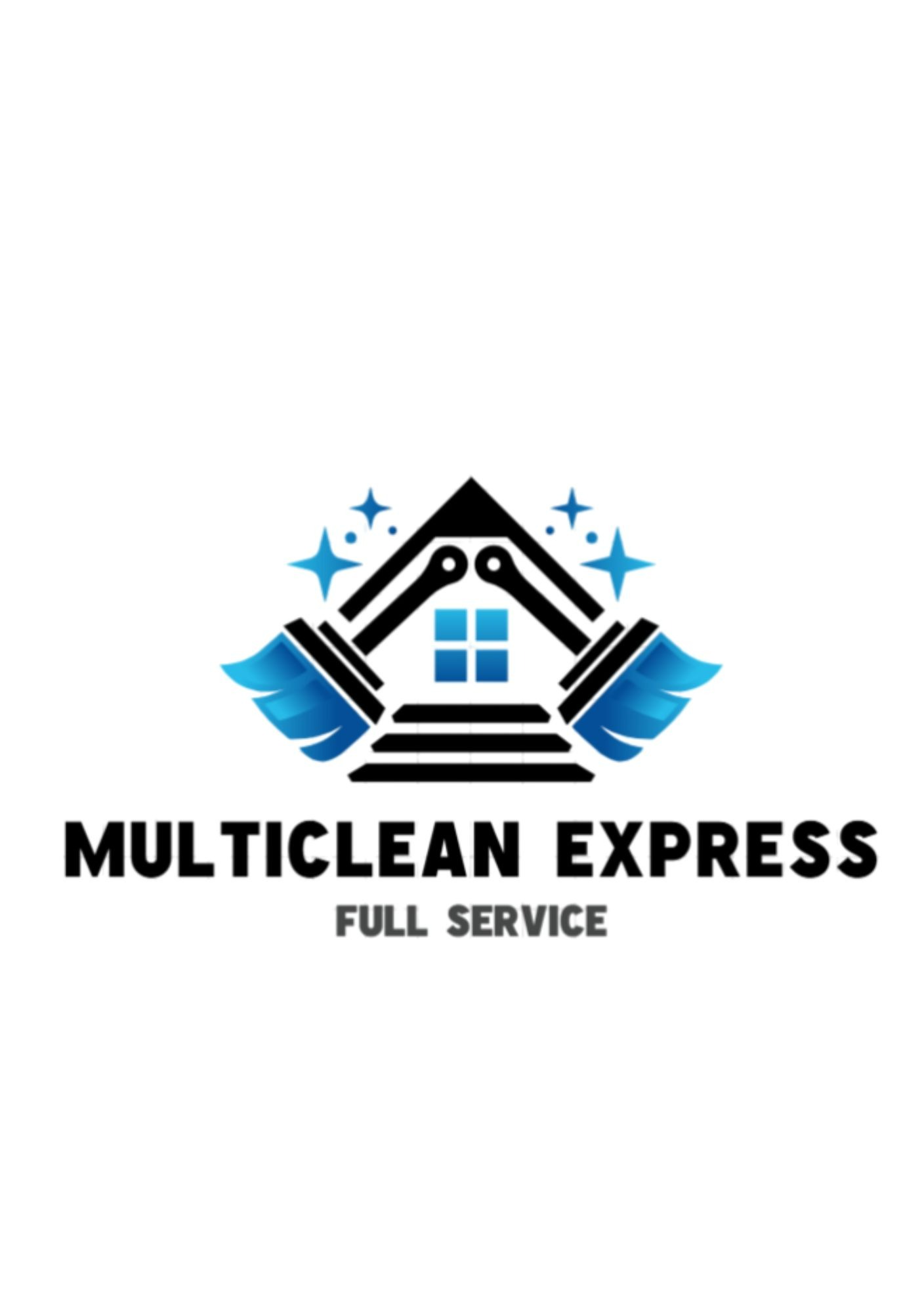 Logo firmy Multiclean Express: stylizowany dom z oknem, otoczony szczotkami i gwiazdkami, z napisem 'FULL SERVICE' na dole.