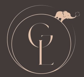 Eleganckie logo z inicjałami 'GL' w okręgu i motywem słonia, utrzymane w stonowanej, beżowo-brązowej kolorystyce. Minimalistyczny design.