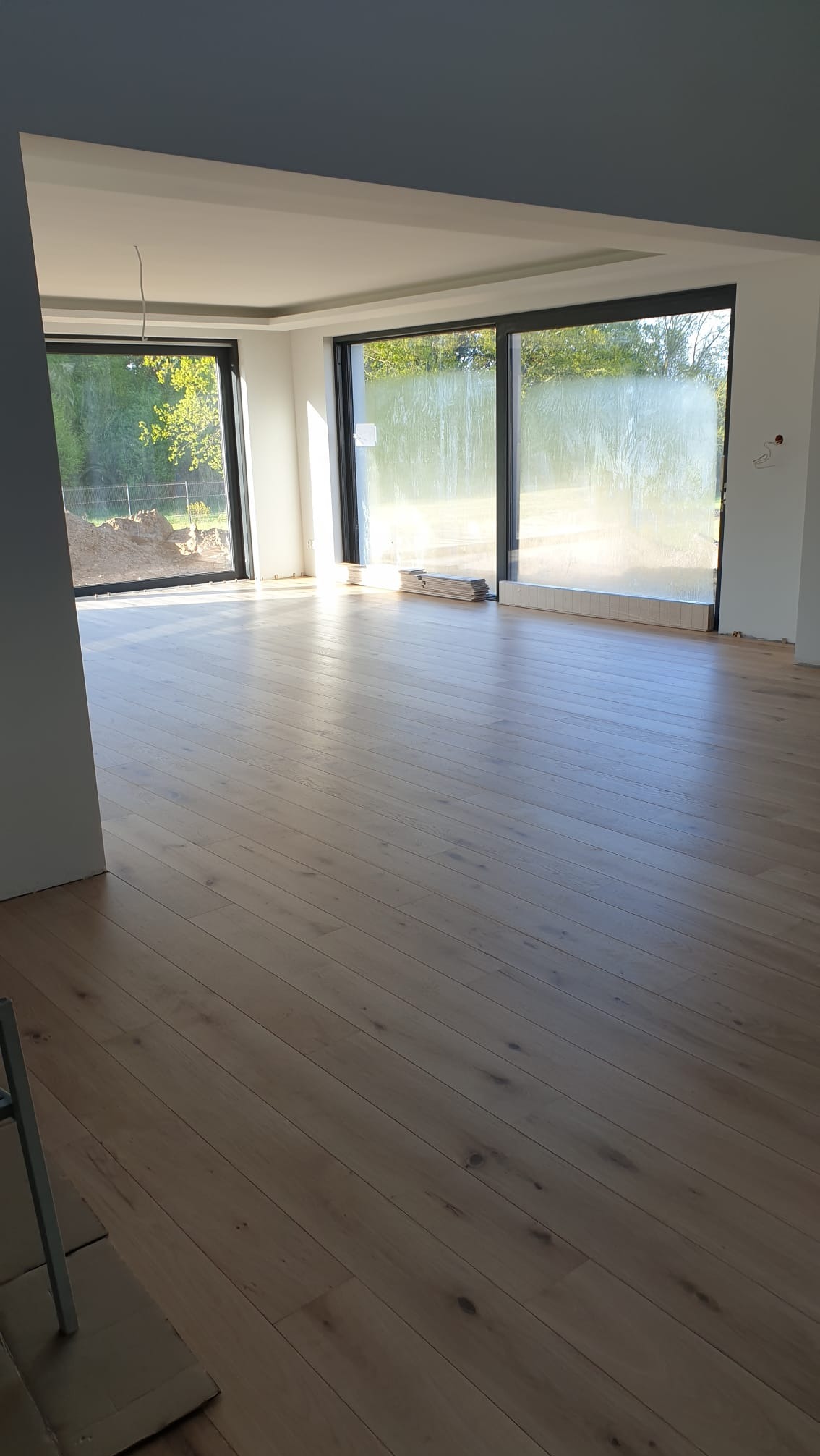 Jasne, dębowe panele podłogowe ułożone w przestronnym, słonecznym salonie z dużymi oknami i minimalistycznym wystrojem. Widoczne listwy przypodłogowe i przygotowane panele.