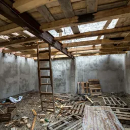 Wnętrze w trakcie rozbiórki: surowe ściany, drewniane belki stropowe z prześwitami, gruz, palety, drabina. Widok na konstrukcję dachu i fragment muru z cegieł.