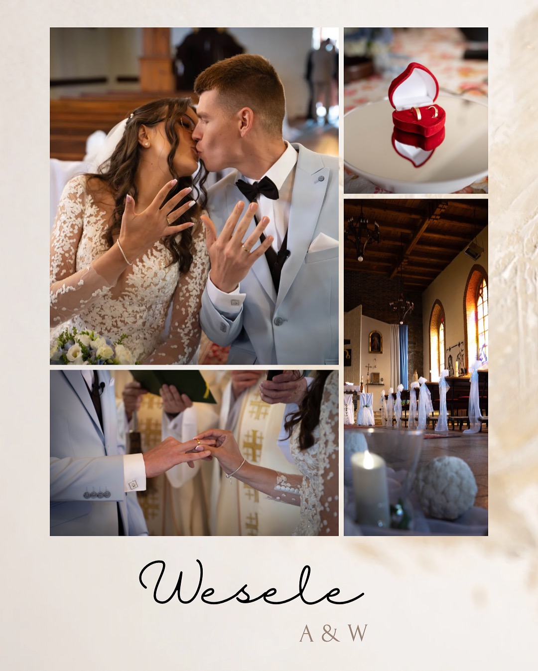 Kolaż zdjęć z ceremonii ślubnej w kościele: pocałunek nowożeńców, wymiana obrączek, wnętrze kościoła i pudełko z obrączkami. Napis 'Wesele A & W'.