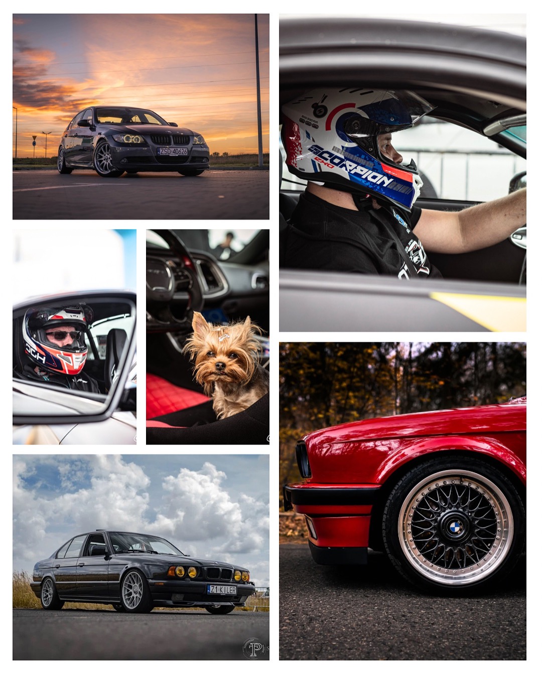 Kolaż zdjęć: auto BMW w plenerze o zachodzie słońca, kierowca w kasku, pies w aucie, zbliżenie na koło auta. Różne ujęcia i detale.