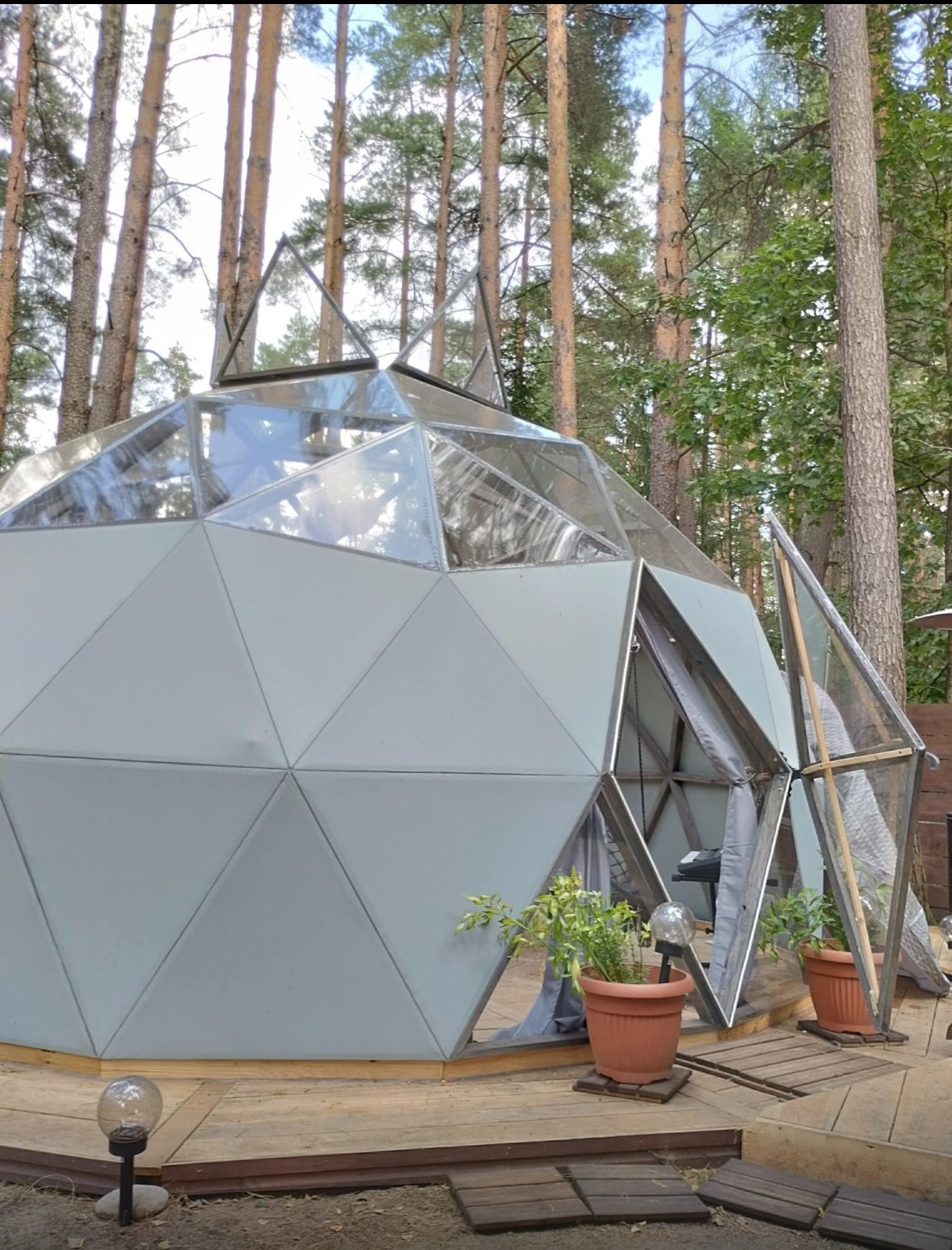 Geodezyjna kopuła z częściowo przeszklonym dachem, otoczona drzewami. Na drewnianym podeście donice z roślinami i ozdobne lampy.