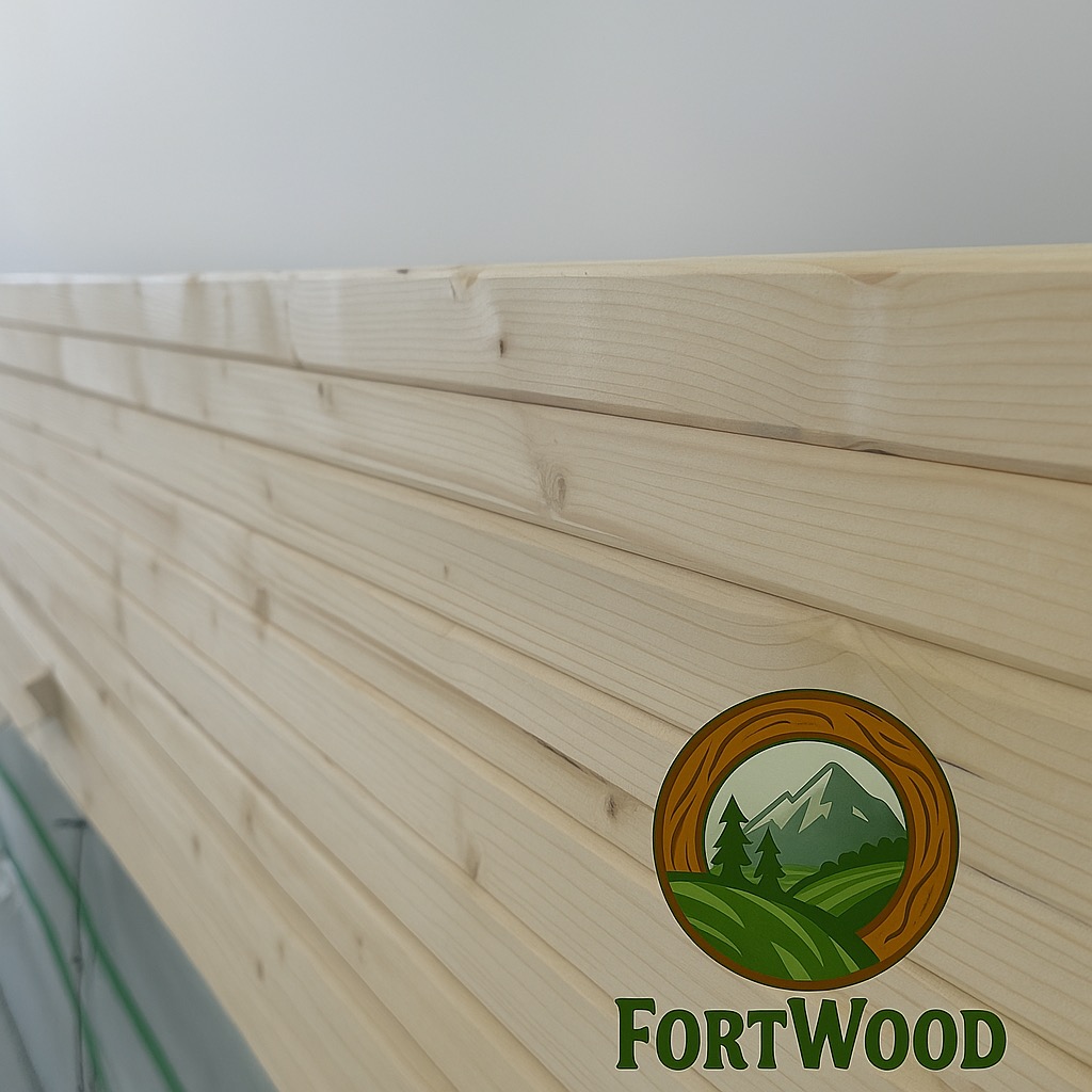 Jasne, świerkowe deski boazeryjne ułożone poziomo, z delikatnym rysunkiem słojów. Widoczne logo producenta FortWood. Ujęcie z bliska, podkreślające fakturę drewna.