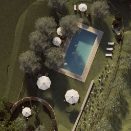 NB Pracownia Natalia Bojanowska - Widok z góry na projekt ogrodu z basenem, parasolami, leżakami i starannie ułożonymi rabatami kwiatowymi, otoczony zielenią i drzewami.