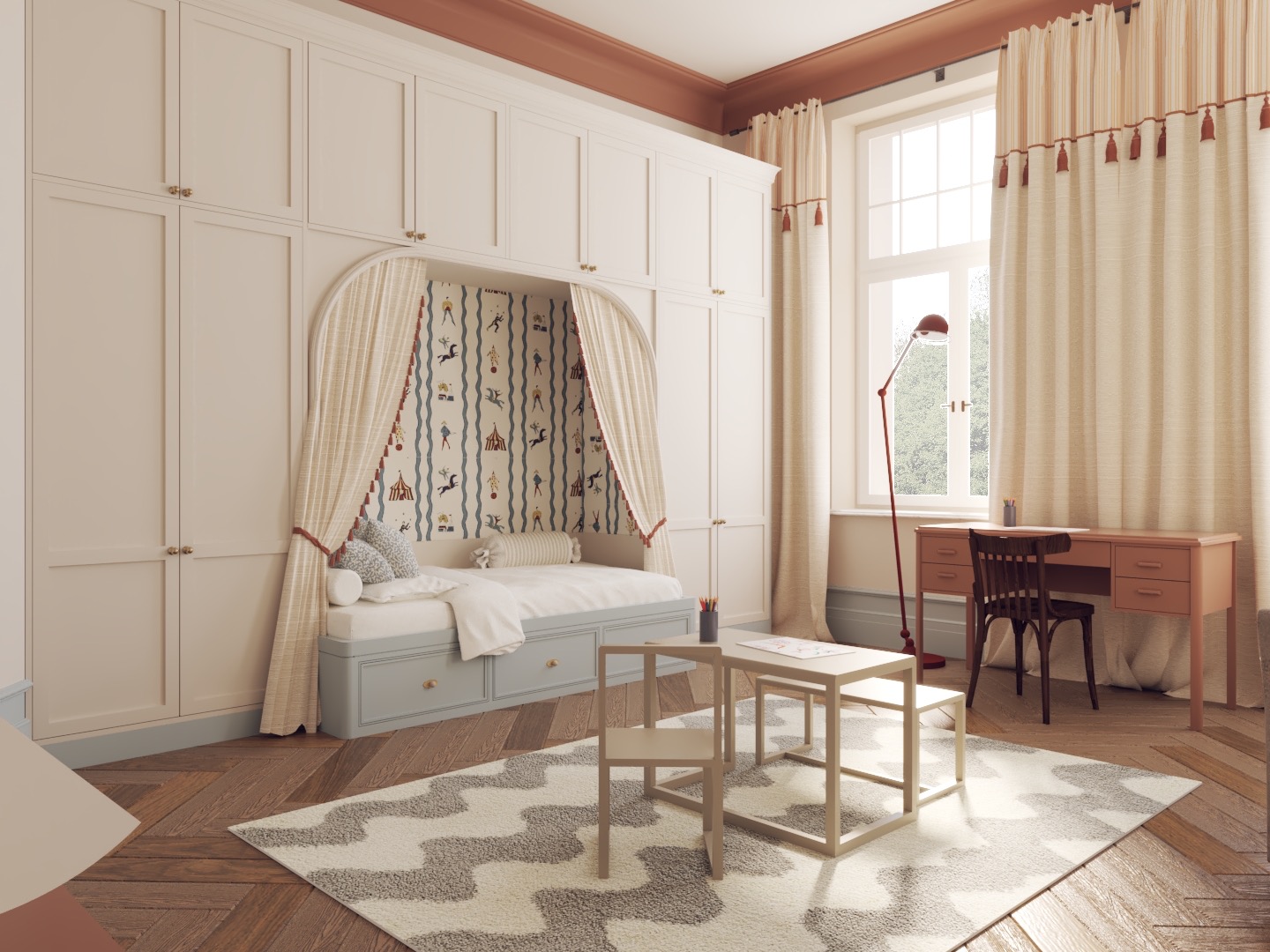 Pokój dziecięcy z łóżkiem w zabudowie, biurkiem i dywanem w zygzaki. Jasne kolory i naturalne światło. Styl skandynawski.