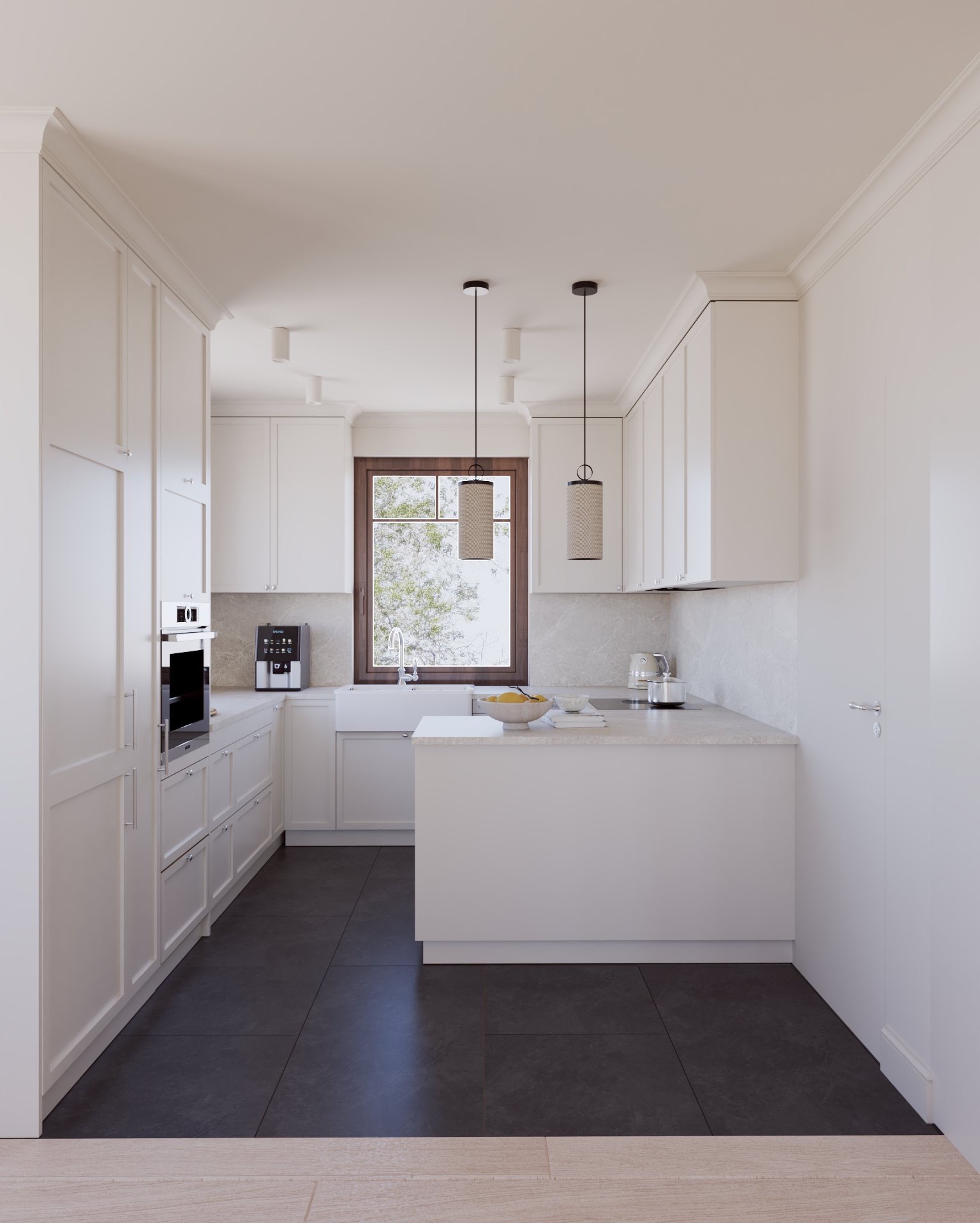 Jasna kuchnia w stylu skandynawskim z ciemną podłogą. Widoczne białe szafki, okno z widokiem na zieleń i designerskie lampy wiszące nad wyspą kuchenną.